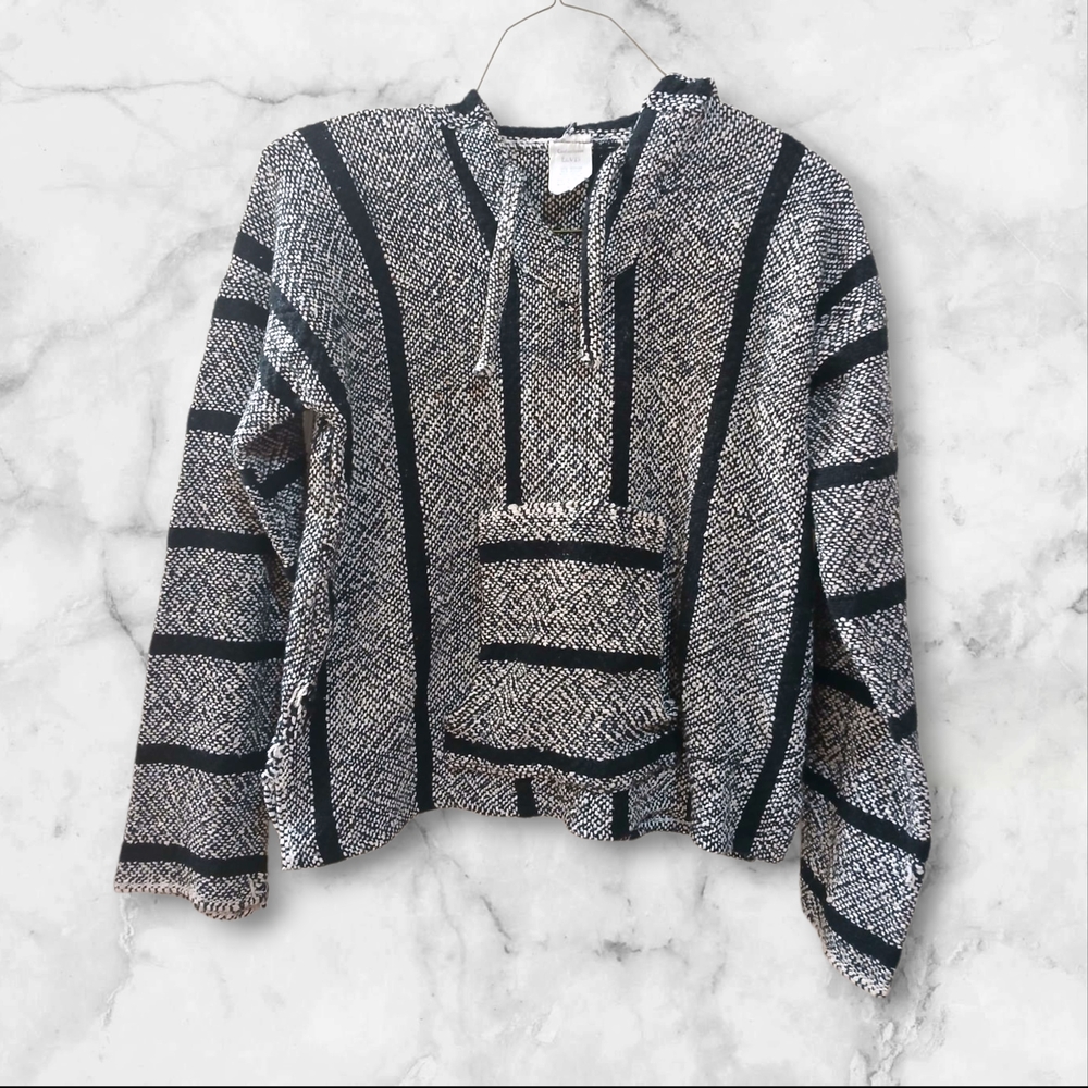 Black and White Striped Hoodie Poncho Style